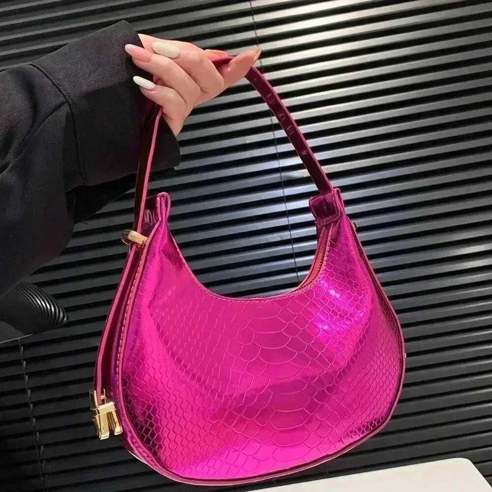 Hot Pink Elegant Women's Metallic Snakeskin Embossed Hobo Bag